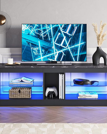 Bestier Entertainment Center LED Gaming TV Stand for 55+ Inch TV Adjustable Glass Shelves 22 Dynamic RGB Modes TV Cabinet Game Console PS4, Black Marble - LeafyLoom