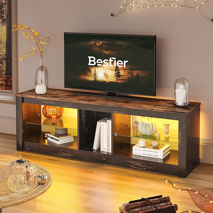 Bestier RGB TV Stand for 65+ Gaming Entertainment Center Gaming LED TV Media Console Table with 2 Glass Shelf PS Gaming TV Cabinet for Living Room, Golden Black - LeafyLoom