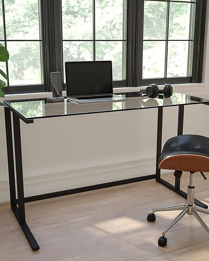 Flash Furniture Singleton Glass Desk with Black Pedestal Metal Frame - LeafyLoom