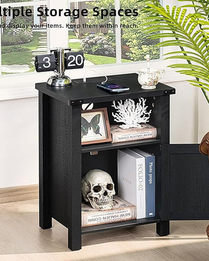Night Stand, 18 Inch Farmhouse Nightstand with with Charging Station and USB Port, Rustic Couch End Table with Magnetic Door, Wood Bed Side Tables for Bedroom, Home, Black - LeafyLoom
