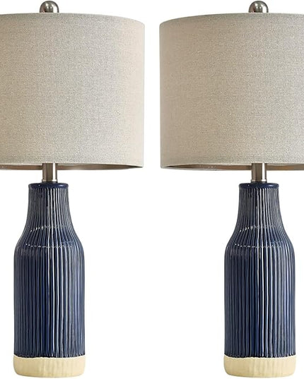 23.75" Modern Blue Ceramic Table Lamp Set of 2 for Living Room, Farmhouse Bedside Nightstand Lamp for Bedroom Home Office Dorm - LeafyLoom
