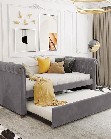 Twin Size Daybed with Trundle,Upholstered Sofa Bed W/Button & Nailhead Tufted Design Curved Armrests,Wood Slats Support,Bedframe for Bedroom Livingroom Small Space,No Box Spring Needed,Gray - LeafyLoom