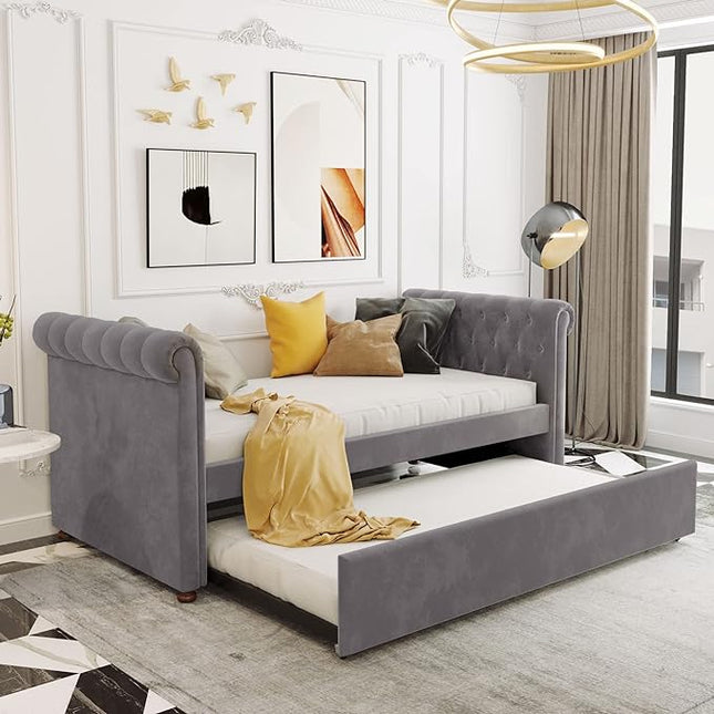 Twin Size Daybed with Trundle,Upholstered Sofa Bed W/Button & Nailhead Tufted Design Curved Armrests,Wood Slats Support,Bedframe for Bedroom Livingroom Small Space,No Box Spring Needed,Gray - LeafyLoom