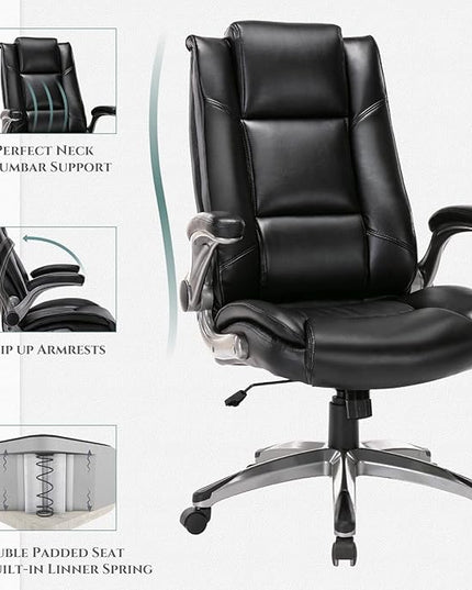 COLAMY Leather Executive Office Chair- High Back Home Computer Desk Chair with Padded Flip-up Arms, Adjustable Tilt Lock, Swivel Rolling Ergonomic Chair for Adult Working Study, Black - LeafyLoom