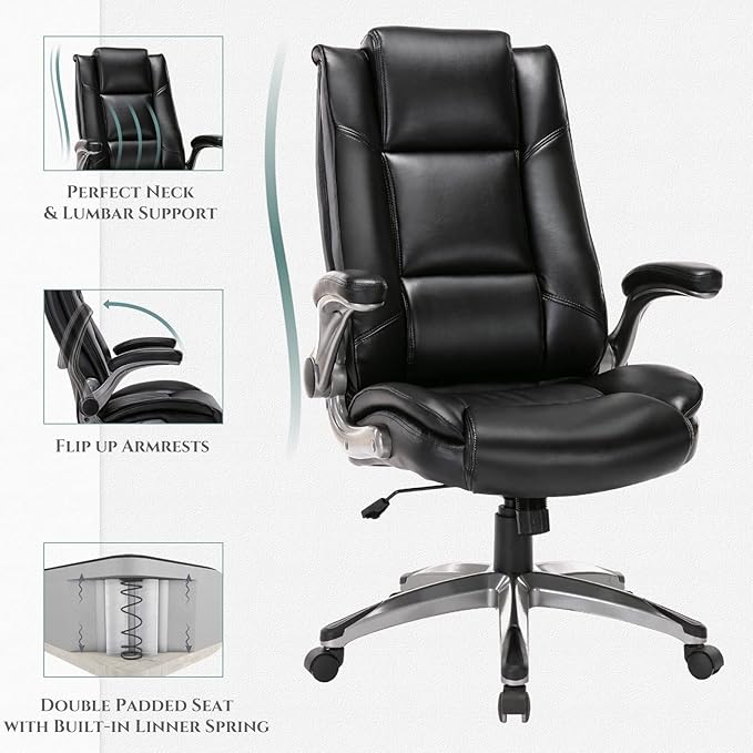 COLAMY Leather Executive Office Chair- High Back Home Computer Desk Chair with Padded Flip-up Arms, Adjustable Tilt Lock, Swivel Rolling Ergonomic Chair for Adult Working Study, Black - LeafyLoom