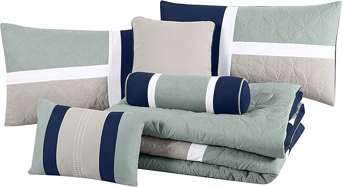 Chezmoi Collection Upland 7-Piece Quilted Patchwork Comforter Set, Navy/Blue/Gray, California King - LeafyLoom