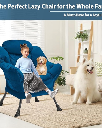 Lazy Chair Thick Padded, Accent Chair Velvet Upholstered with Wide Seat, Stable Metal Frame and Non-Slip Pad, Modern Sofa Armchair with Side Storage Bag for Dorm, Room, Office, Blue - LeafyLoom