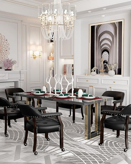 Large Dining Chairs with Casters and Arms, Rolling Dining Chairs with Wheels, Accent Game Poker Chairs, Boss Caption's Chairs, 26" D x 25.2" W x 31.5" H, Espresso Legs & Black PU, SY-318-BK - LeafyLoom