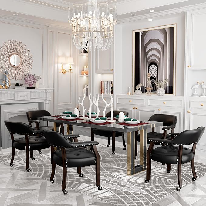 Large Dining Chairs with Casters and Arms, Rolling Dining Chairs with Wheels, Accent Game Poker Chairs, Boss Caption's Chairs, 26" D x 25.2" W x 31.5" H, Espresso Legs & Black PU, SY-318-BK - LeafyLoom