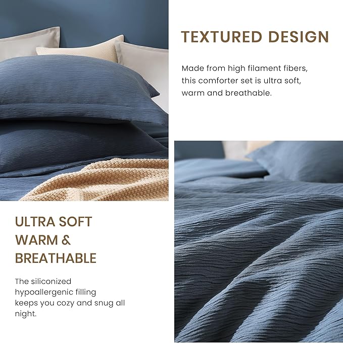 Blue Queen Comforter Set, Minimalist Premium Bedding for Queen Bed Set, Textured Crinkle Queen Bed Set 3 Piece with Farmhouse Modern Comforter & Shams (Queen, 90"x90", Grey Blue) - LeafyLoom