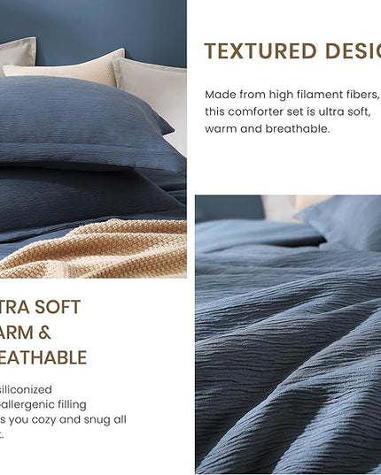 Grey Blue King Size Comforter Set, Modern Comforter for Crinkle Design King Bed Set, King Bedding Set 3 Piece with Minimalist Comforter & Shams (King, 102"x90",Blue) - LeafyLoom