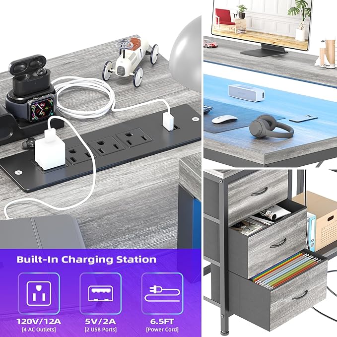 L Shaped Desk with Power Outlets & LED Lights, Computer Desk with Drawers & Shelves, Corner Desk Gaming Desk Home Office Desk, Oak - LeafyLoom