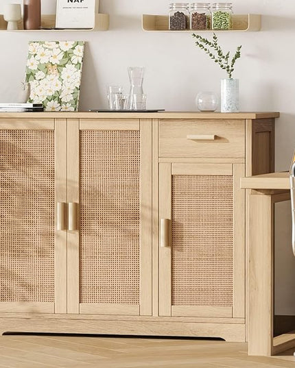 Irontar Kitchen Storage Cabinet, Sideboard Buffet Cabinet with Rattan Decorated Doors, Farmhouse Console Table with Drawer, Coffee Bar, Accent Table for Kitchen, Living Room, Hallway, Natural CWG010M - LeafyLoom