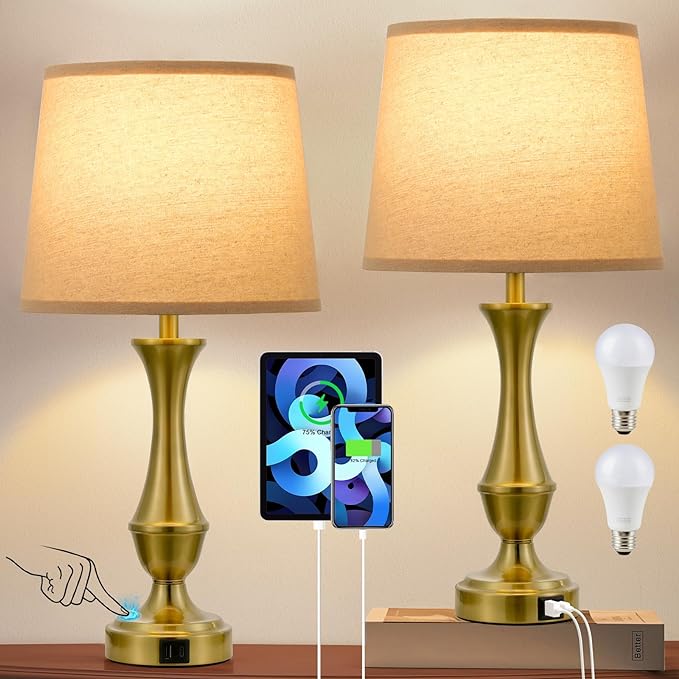 Touch Lamps for Bedrooms Set of 2 - Nightstand Table Lamp with USB C+A, 3 Way Dimmable Bedside Lamps for Living Room End Tables Set of 2, Farmhouse Night Stand Lamps(Brown&Gold) - LeafyLoom