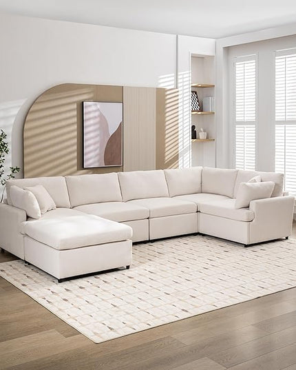 100.4" Modern Large U-Shape Modular Sectional Sofa with Removable Ottomans, Flexible Combination 6-Seater Upholstered Couch for Living Room Apartment Office, Beige, 100.4 Inch - LeafyLoom