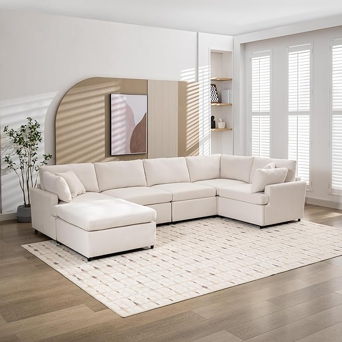 100.4" Modern Large U-Shape Modular Sectional Sofa with Removable Ottomans, Flexible Combination 6-Seater Upholstered Couch for Living Room Apartment Office, Beige, 100.4 Inch - LeafyLoom