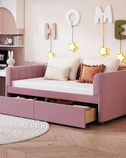 Modern Twin Size Upholstered Daybed Frame with Storage Drawers, Elegant Velvet Fabric Sofa Bed with Ergonomic Design Backrest and Armrests, No Box Spring Needed, Pink - LeafyLoom