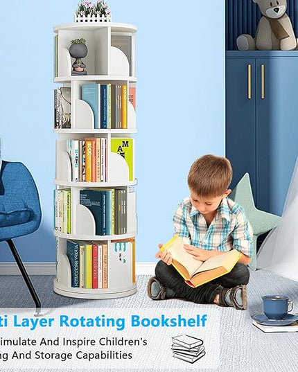 Rotating Bookshelf Tower, 360 Display 5 Tier Floor Standing Bookcase Storage Rack for Kids&Adults, Corner Bookshelf for Small Space, Book Shelf Rotating Bookcase for Bedroom, Living Room, Study - LeafyLoom