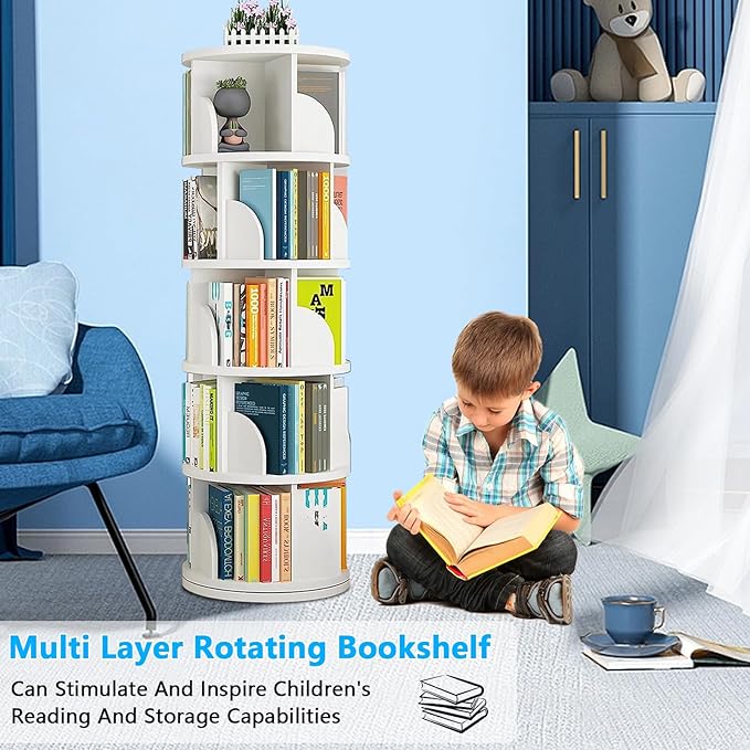 Rotating Bookshelf Tower, 360 Display 5 Tier Floor Standing Bookcase Storage Rack for Kids&Adults, Corner Bookshelf for Small Space, Book Shelf Rotating Bookcase for Bedroom, Living Room, Study - LeafyLoom