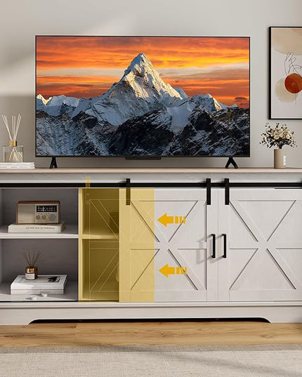 DWVO TV Cabinet for 65 Inch TV, Farmhouse TV Stand with Storage Cabinets and Sliding Barn Doors, Mid Century Modern Entertainment Center Media TV Console for Living Room, Grey White/Grey Wash - LeafyLoom