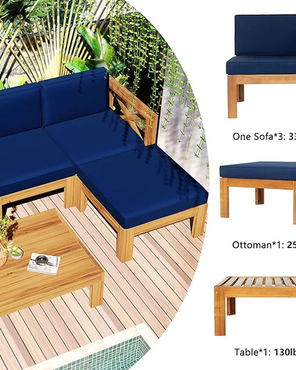 Merax 5 Pieces, Patio Furniture Sets, Solid Wood Sectional Sofa Seating Group with Soft Cushions, for Backyard and Garden, Blue - LeafyLoom