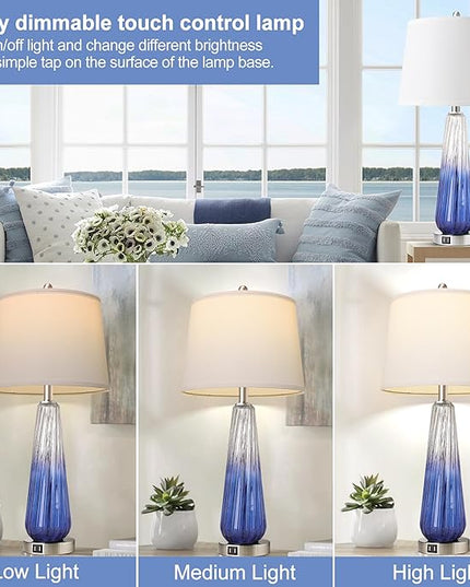 QiMH Table Lamps Set of 2 with Touch Control, 3-Way Dimmable Modern Glass Bedside Lamps with 2 USB Ports, Nightstand Lamp with White Fabric Shade, 27.5" Large Lamps for Living Room Bedrooms Decor - LeafyLoom