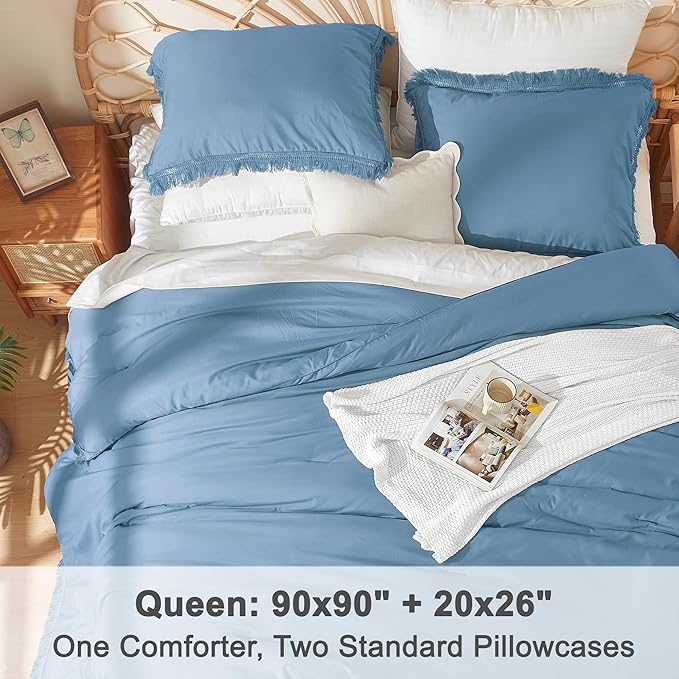 Litanika Grayish Blue Comforter Queen Set, Boho Tassel Comforter Aesthetic 3 Pieces, Lightweight Fringe Microfiber Bedding Set for All Season(1 Comforter 90x90 inch, 2 Pillowcases) - LeafyLoom