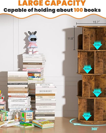 Rotating Bookshelf, Corner Bookshelf, 360 Display Wood Spinning Bookcase Storage Rack, Floor Standing Revolving Bookcase Narrow Book Shelf Organizer for Small Space, Bedroom, Rustic Brown - LeafyLoom