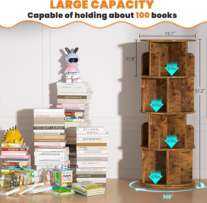 Rotating Bookshelf, Corner Bookshelf, 360 Display Wood Spinning Bookcase Storage Rack, Floor Standing Revolving Bookcase Narrow Book Shelf Organizer for Small Space, Bedroom, Rustic Brown - LeafyLoom
