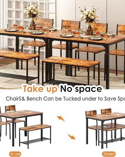 sogesfurniture Modern 4-Piece Kitchen Dining Table Set with 1 Bench and 2 Chairs, Kitchen Bench Table Set for 4, Wooden Kitchen Table and Chairs for Limited Space,Rustic Brown - LeafyLoom