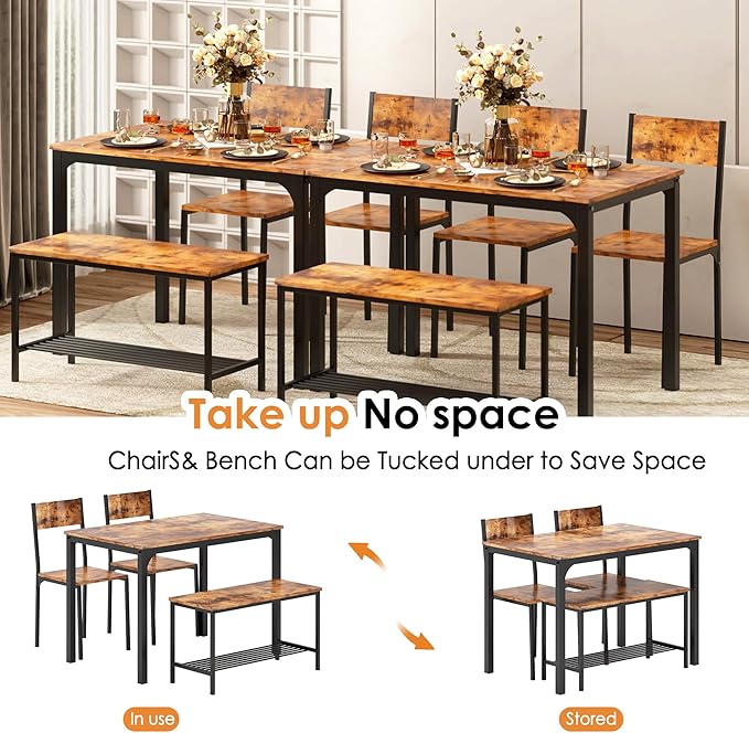sogesfurniture Modern 4-Piece Kitchen Dining Table Set with 1 Bench and 2 Chairs, Kitchen Bench Table Set for 4, Wooden Kitchen Table and Chairs for Limited Space,Rustic Brown - LeafyLoom