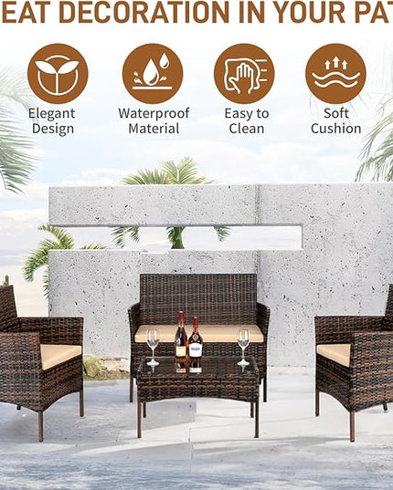 Outvita 4 Pieces Patio Furniture Set, Rattan Conversation Sets with Loveseat Soft Cushion and Glass Table for Garden Backyard Balcony Porch Poolside(Brown Gradient) - LeafyLoom