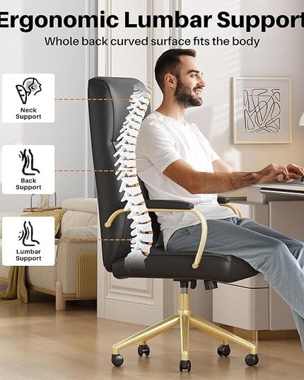 Black and Gold Office Chair, High Back Office Chair for Women, Modern Desk Chair Comfy with Arms, Leather Executive Office Chair with Wheels - LeafyLoom
