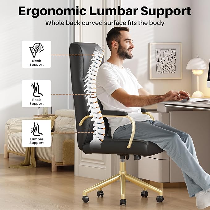 Black and Gold Office Chair, High Back Office Chair for Women, Modern Desk Chair Comfy with Arms, Leather Executive Office Chair with Wheels - LeafyLoom