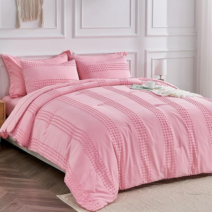 ENJOHOS Girls Full Size Comforter Bedding Sets Pink, 3 PCS Boho Comforter with Tufted Dots, Shabby Chic Bedding Comforter for All Season, Lightweight Fluffy Microfiber Comforter with 2 Pillowcases - LeafyLoom