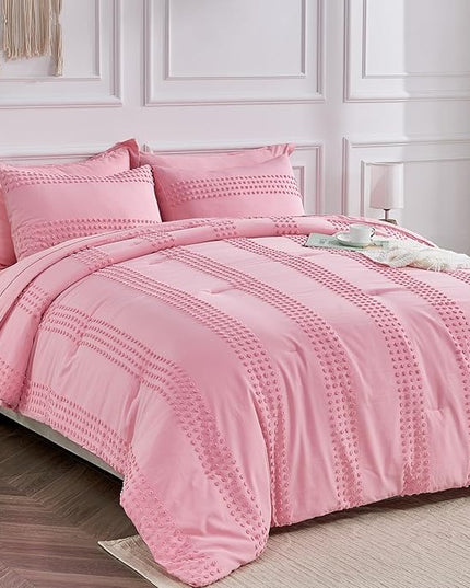 ENJOHOS Girls Queen Comforter Bedding Set Pink, 3 PCS Boho Comforter with Tufted Dots, Shabby Chic Bedding Comforter for All Season, Lightweight Fluffy Microfiber Comforter with 2 Pillowcases - LeafyLoom