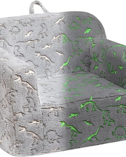 ALIMORDEN Kids Ultra-Soft Snuggle Foam Filled Chair, Glow-in-The-Dark Dinosaurs Fossil Pattern Toddler Cuddly Sherpa Reading Couch for Boys and Girls - LeafyLoom