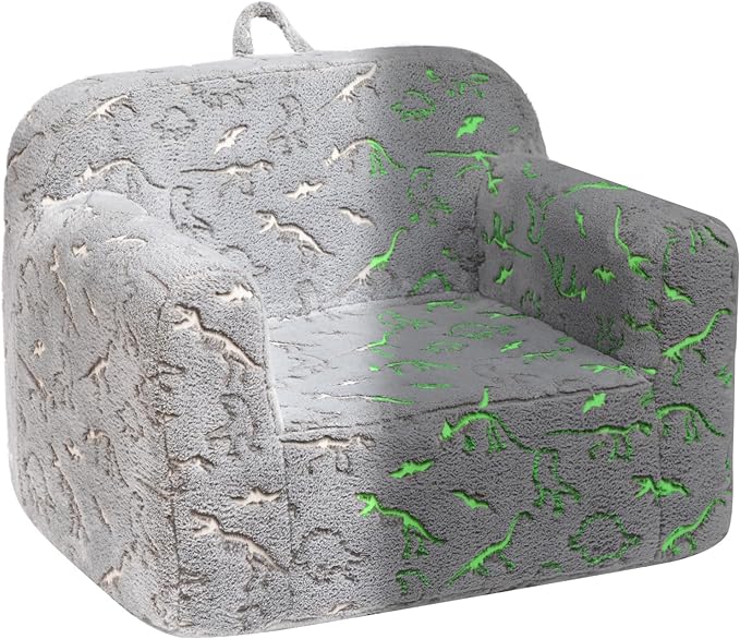 ALIMORDEN Kids Ultra-Soft Snuggle Foam Filled Chair, Glow-in-The-Dark Dinosaurs Fossil Pattern Toddler Cuddly Sherpa Reading Couch for Boys and Girls - LeafyLoom