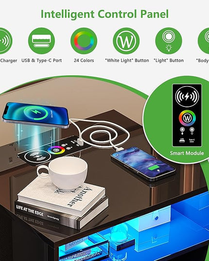 HNEBC Black Nightstand with Wireless Charging Station and Lights, 3 Drawers, Modern Bedside Table with Human Sensor for Bedroom - LeafyLoom