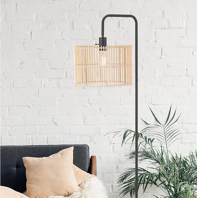 Globe Electric Barden 58" Floor Lamp, Matte Black, Bamboo Shade, On/Off Rotary Switch on Socket - LeafyLoom