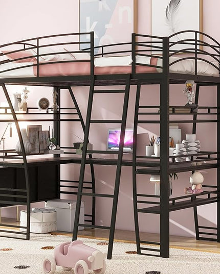 RITSU Twin Size Loft Bed with Storage 4 Layers Shelves and L-Shaped Desk, Strong Metal Bedframe, USB Ports Sockets and Wireless Charging, for Children's Room, Teens, Black - LeafyLoom