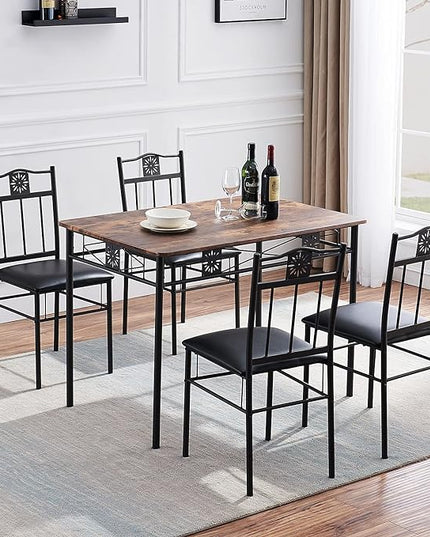 VECELO Kitchen Dining Room Table Sets for 4, 5 Piece Metal and Wood Rectangular Breakfast Nook, Dinette with Chairs, Retro-brown, 42.1" - LeafyLoom