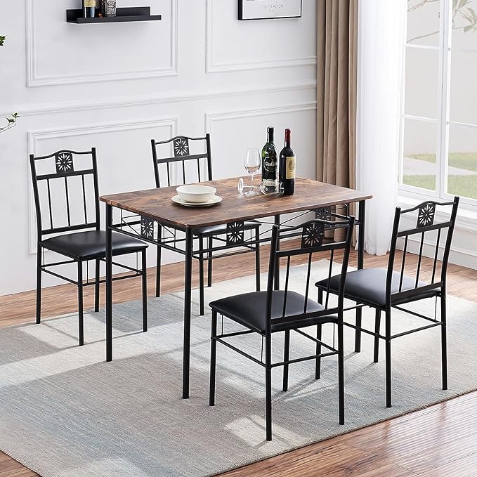 VECELO Kitchen Dining Room Table Sets for 4, 5 Piece Metal and Wood Rectangular Breakfast Nook, Dinette with Chairs, Retro-brown, 42.1" - LeafyLoom