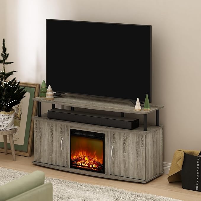Furinno Jensen Living Room Fireplace TV Entertainment Center with Doors Storage Cabinet for TV up to 55 Inch, French Oak Grey/Black - LeafyLoom