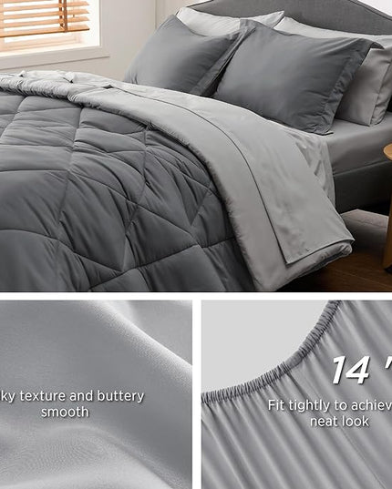 Bedsure Dark Grey California King Size Comforter Set - 7 Pieces Reversible California King Bed in a Bag, California King Dark Grey Bed Set with Comforters, Sheets, Pillowcases & Shams - LeafyLoom