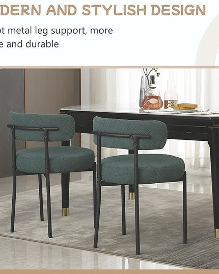 Dark Green Dining Chairs Set of 4 Round Upholstered Boucle Dining Room Chairs Mid-Century Modern Kitchen Chairs Curved Backrest Chairs for Dining Room Black Metal Legs - LeafyLoom