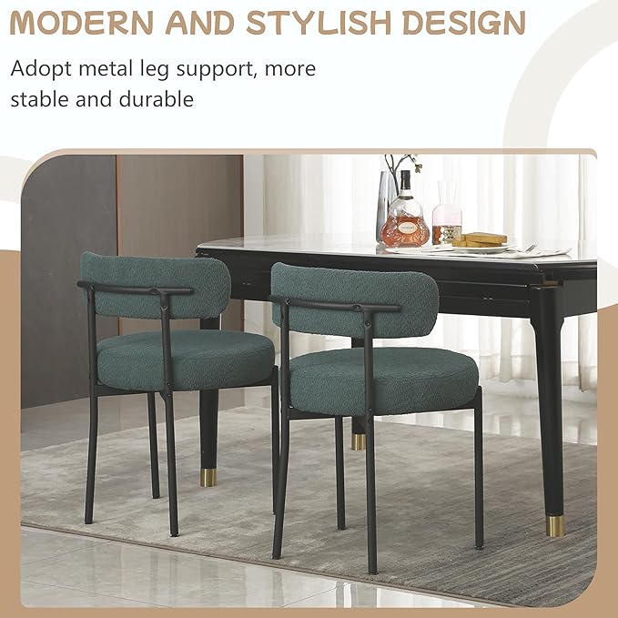 Dark Green Dining Chairs Set of 4 Round Upholstered Boucle Dining Room Chairs Mid-Century Modern Kitchen Chairs Curved Backrest Chairs for Dining Room Black Metal Legs - LeafyLoom