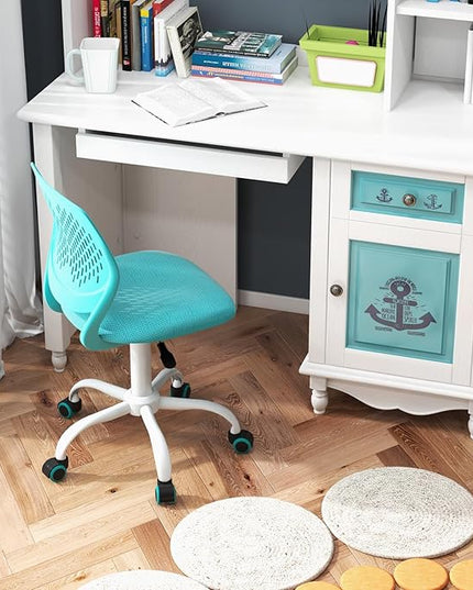 Kids Desk Chair, Ergonomic Kids Office Chair Ages8-12 w/Lumbar Support, Low-Back Teen Desk Chair for Girls Boys, Small Cute Kids Computer Chair for Bedroom/Study/Vanity Desk, Turquoise - LeafyLoom