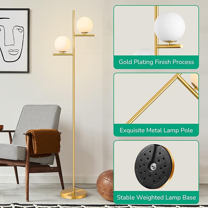 EDISHINE 67.5in Mid Century Modern Globe Floor Lamp, Upgraded Dimmable Gold Standing Lamps for Living Room, Frosted Glass Shade, LED Tall Pole Lamp for Bedroom-Brass Plating - LeafyLoom