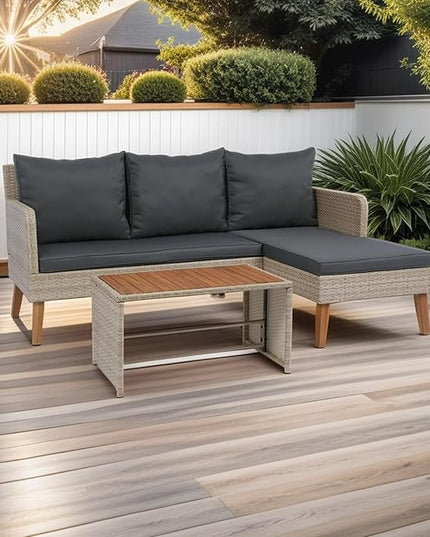 3-Piece Outdoor PE Rattan Furniture Set, Patio Wicker Conversation Loveseat Sofa Sectional Couch with Thick Cushion for Backyard, Deck, Poolside, Zn-Dark Grey - LeafyLoom